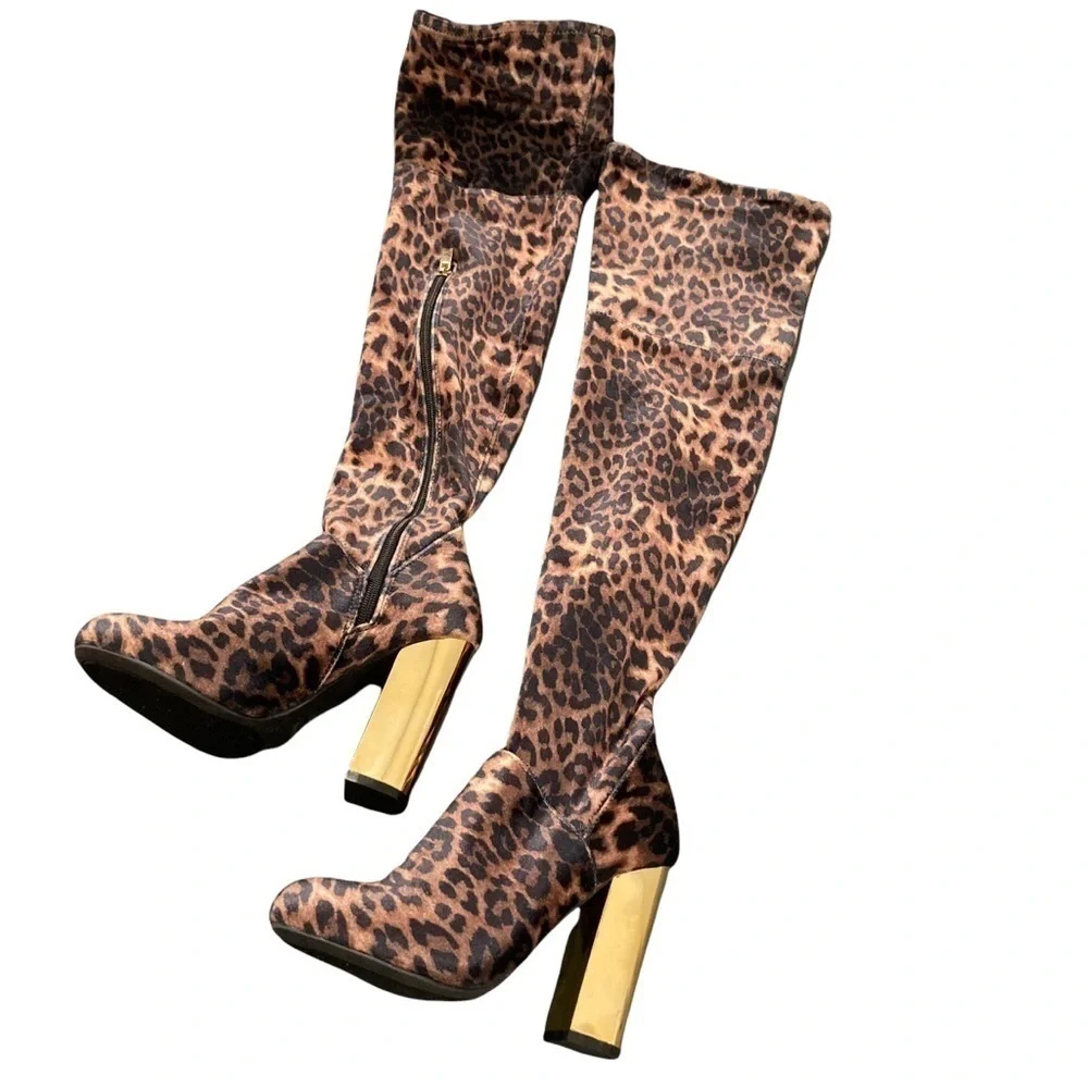 Bamboo sz 5.5 leopard print velvet OTK thigh high boots gold heel